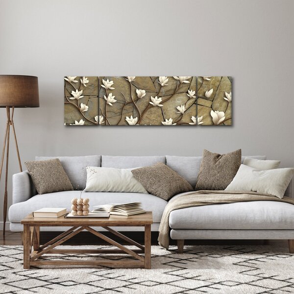 Obraz - Bílé magnólie na kamenném zdivu (170x50 cm)