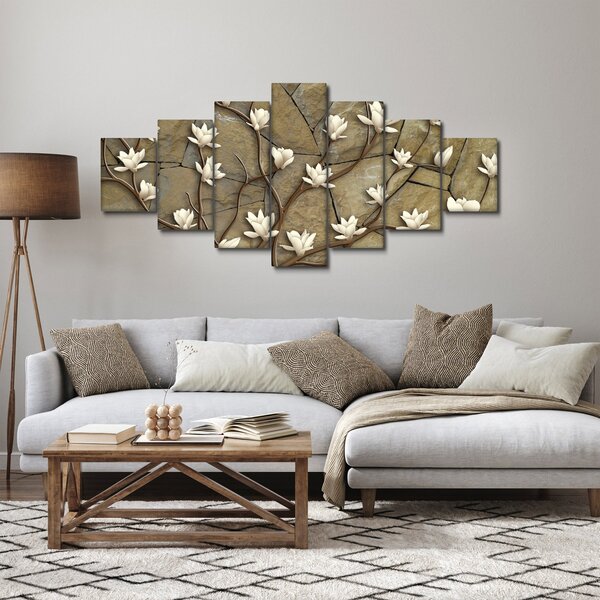 Obraz - Bílé magnólie na kamenném zdivu (210x100 cm)