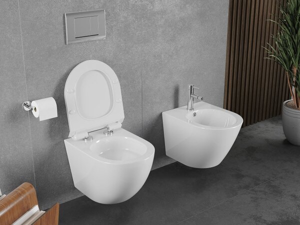 Mexen Lena, závěsná WC mísa 490x360x340 mm, Rimless Tornádo + toaletní WC sedátko z duroplastu, bílá lesklá, 30224000T