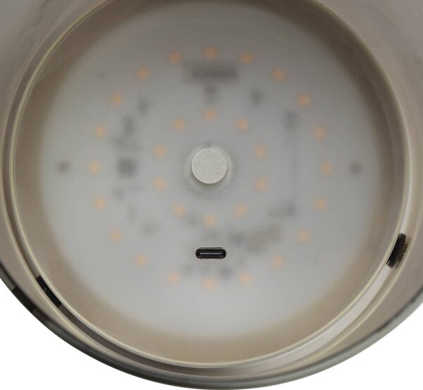 Brilliant LED stolní lampa Lumeo, Ø 13 cm, mosazná/kouřově šedá, stmívatelný, Hliník / šedá / zinek, Obývací pokoj / jídelna, Sklo