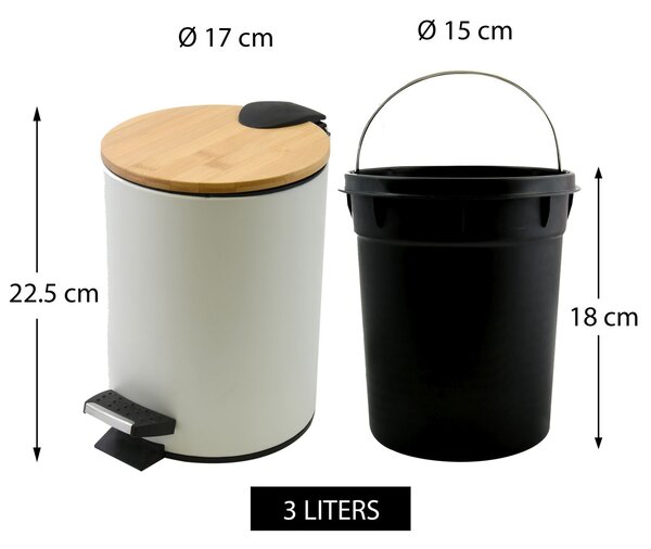 Spirella pedálový odpadkový koš ADONIS, matná bílá, ocel, bambusové víko, 3 L