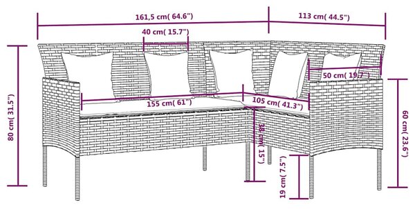 Zahradní sedací souprava ve tvaru L s poduškami polyratan černá 318584
