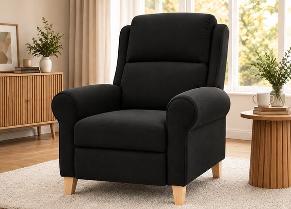 Křeslo relaxační, odpočinkové, ušák, dřevo/textil, 101x95x75 cm, přírodní/černá, Dekorino VILAR