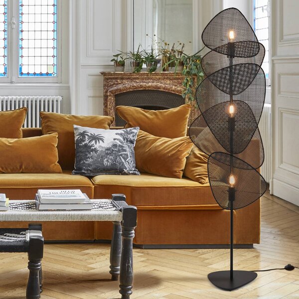 MARKET SET stojací lampa Screen, černá, ratan, výška 179 cm, Černá, Obývací pokoj / jídelna, Dřevo, Design