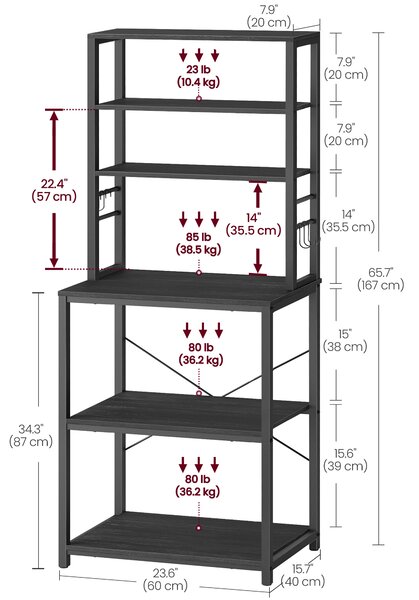 VASAGLE Kuchyňský regál 6 polic industriální styl 60 x 167 x 40 cm šedá černá
