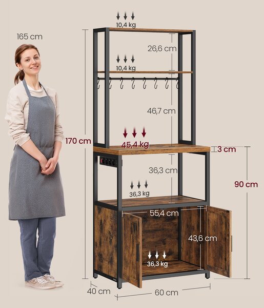 VASAGLE Kuchyňský regál se zásuvkovou lištou a pracovní deskou 60 x 170 x 40 cm hnědá černá