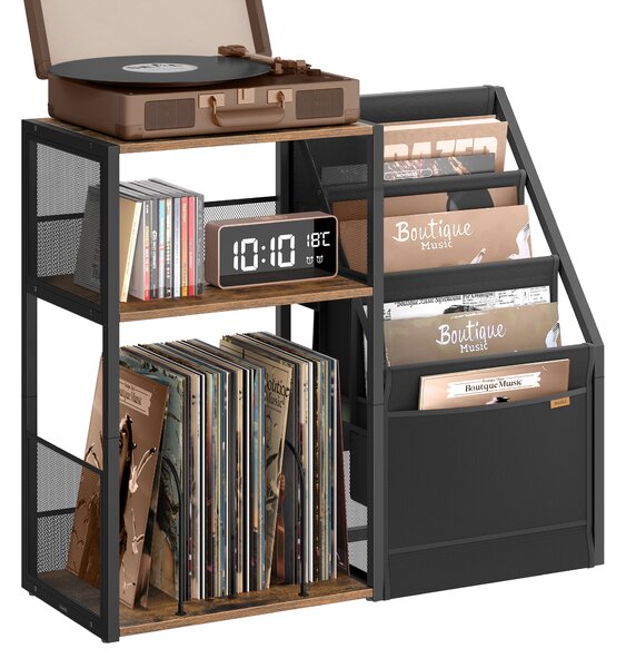 VASAGLE Stojan na gramofony třípatrový s rozšířeným úložným prostorem pro vinylové desky hnědá