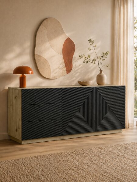 Moderní komoda Asha 167 cm dvoudveřová se zásuvkami - artisan / černý mat