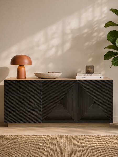 Moderní komoda Asha 167 cm dvoudveřová se zásuvkami - artisan / černý mat