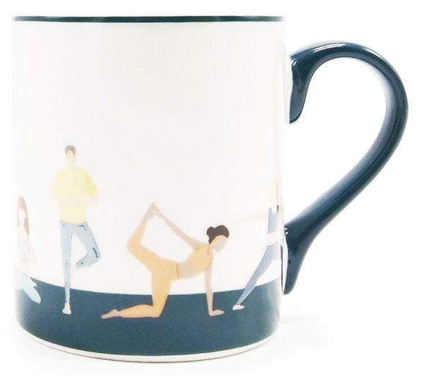 Porcelánový hrnek Jóga, 280 ml – bílý, s modrým ouškem a barevným motivem jógy