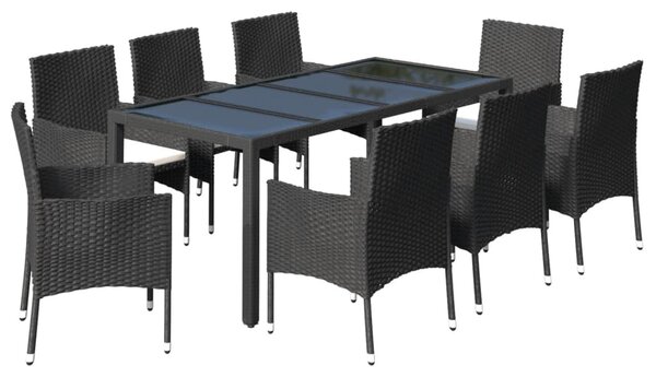 9dílný zahradní jídelní set s poduškami černý polyratan 3187321