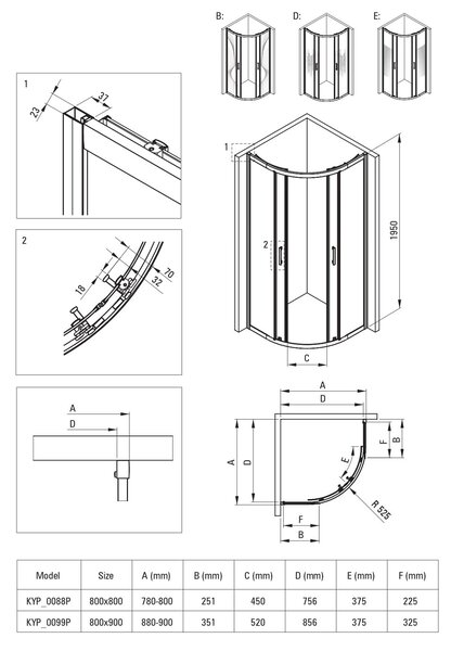 Deante Funkia Evo sprchový kout 90x90 cm půlkulatá černá matný/vzorované sklo KYPND99P