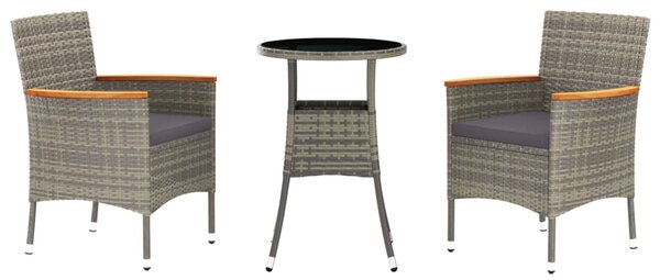3dílný zahradní bistro set s poduškami šedý polyratan 3187424
