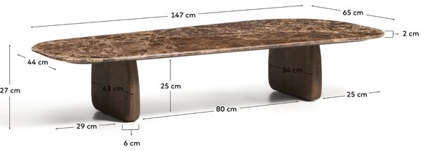 Kave Home Hnědý mramorový konferenční stolek Pirita 147 x 65 cm s tmavou podnoží