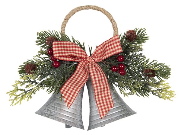 Vánoční dekorace stříbrné zvonky s větvičkou a mašlí - 23*8*18 cm