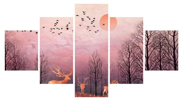 Obraz - Jeleni v záři zapadajícího slunce (125x70 cm)