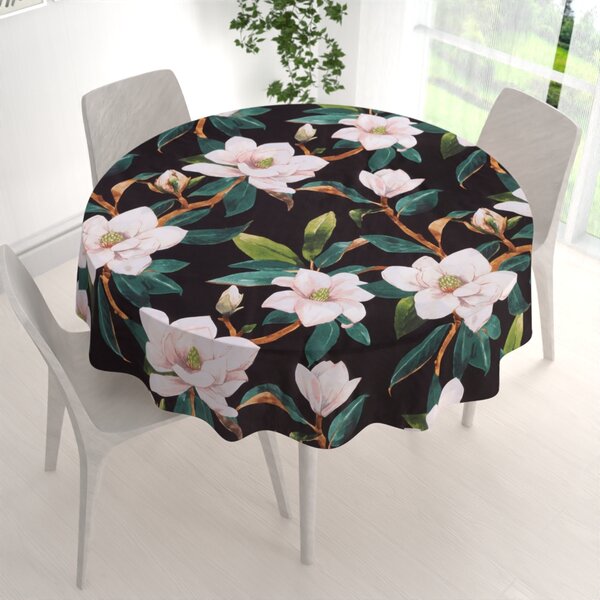 Biante Bavlněný kulatý ubrus Sandra SA-300 Květy magnolie na černém Ø 100 cm