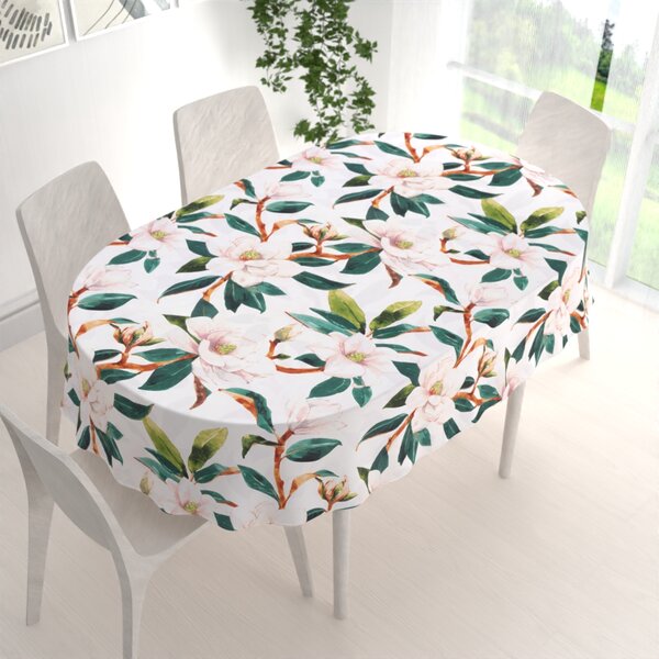Biante Bavlněný oválný ubrus Sandra SA-293 Magnolie se zelenými listy na bílém 100x140 cm