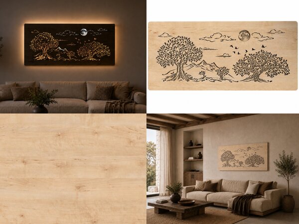 "Čtyři duby a měsíc" světelný obraz s baterií a pohybovým čidlem 130x60 cm provedení povrchu: bříza