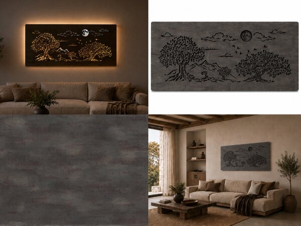 "Čtyři duby a měsíc" světelný obraz 230V 130x60 cm provedení povrchu: černá s patinou