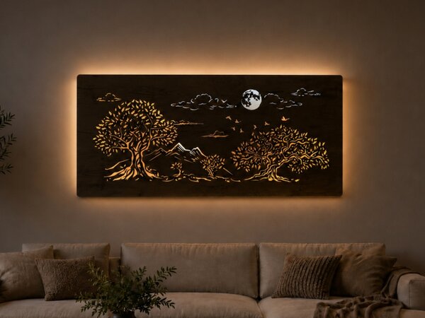 "Čtyři duby a měsíc" světelný obraz s baterií a pohybovým čidlem 130x60 cm provedení povrchu: bříza