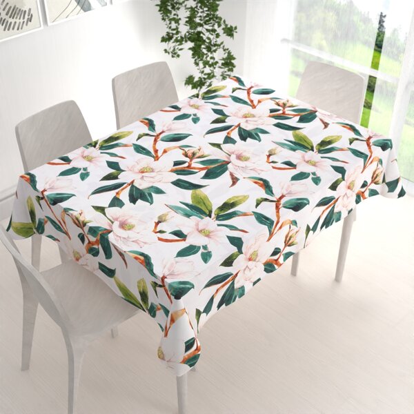 Biante Bavlněný obdélníkový ubrus Sandra SA-293 Magnolie se zelenými listy na bílém 50x100 cm
