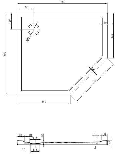 Mexen Flow pětiúhelníková sprchová vanička slim levá 100 x 80 cm, bílý lesk - 46P108010L