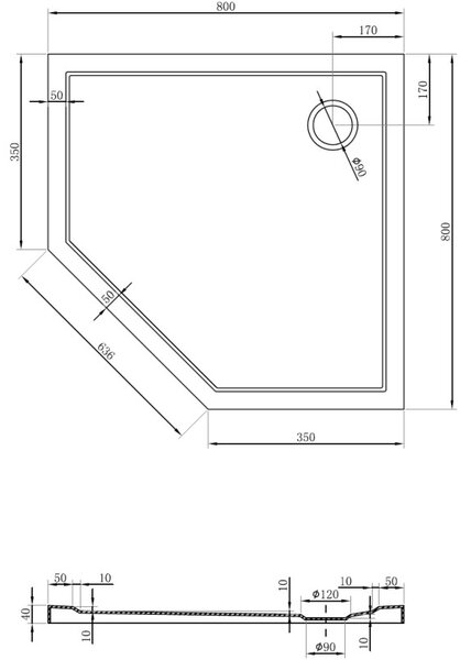 Mexen Flow pentagonální sprchová vanička slim 80 x 80 cm, černý mat - 46P708080