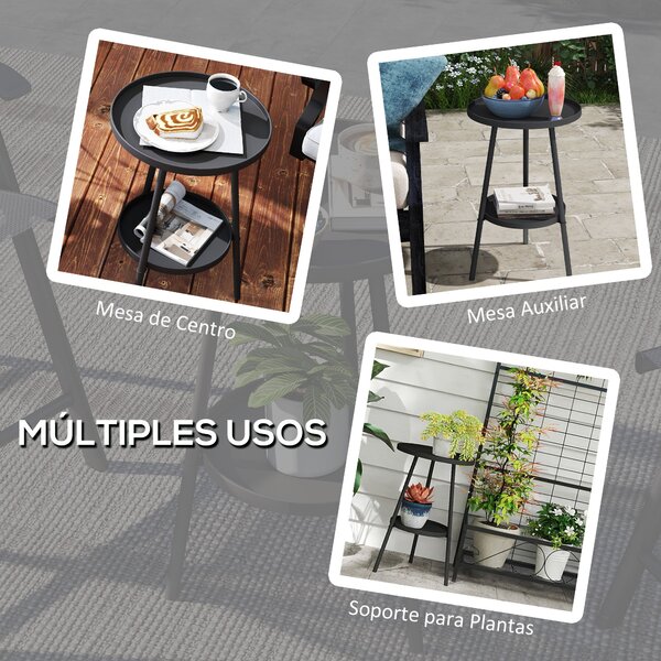 Outsunny Kulatý 2-úrovňový Zahradní Stůl Venku, Patio Stůl Ø32x51 cm s Dolním Podnosem a Kovovým Rámem pro Venkovní a Vnitřní Použití Černá | Aosom