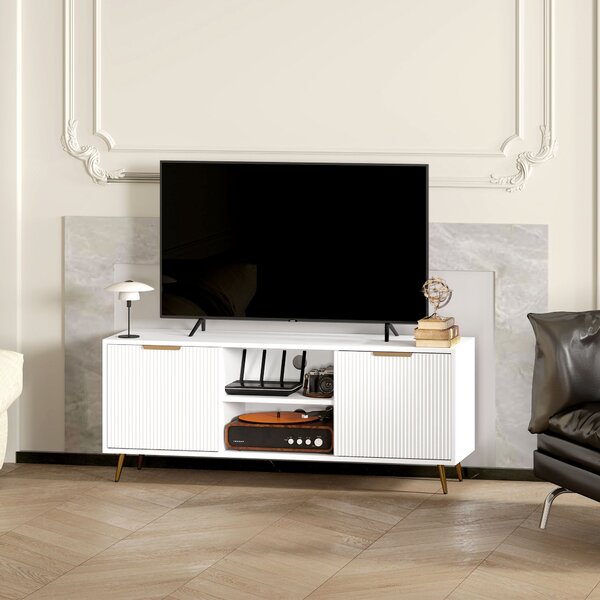 HOMCOM Moderní TV Skříňka TV Stánek s 2 Otevřenými Úložnými Prostory a 2 Dveřmi pro TV do 55 palců 120x35x48 cm Bílá | Aosom