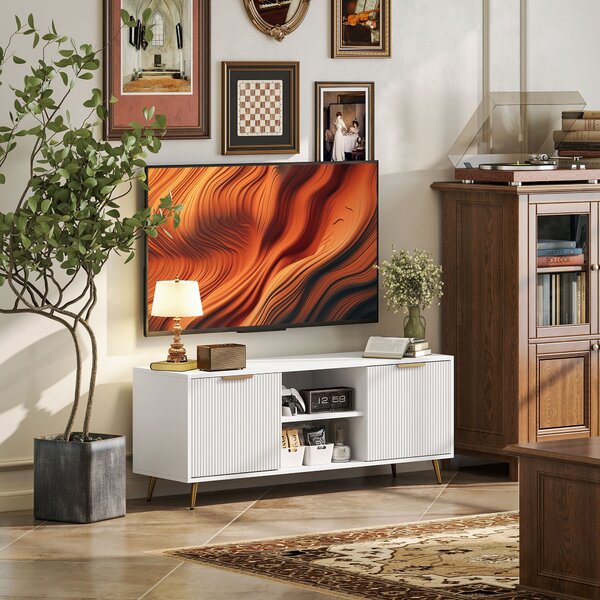 HOMCOM Moderní TV Skříňka TV Stánek s 2 Otevřenými Úložnými Prostory a 2 Dveřmi pro TV do 55 palců 120x35x48 cm Bílá | Aosom
