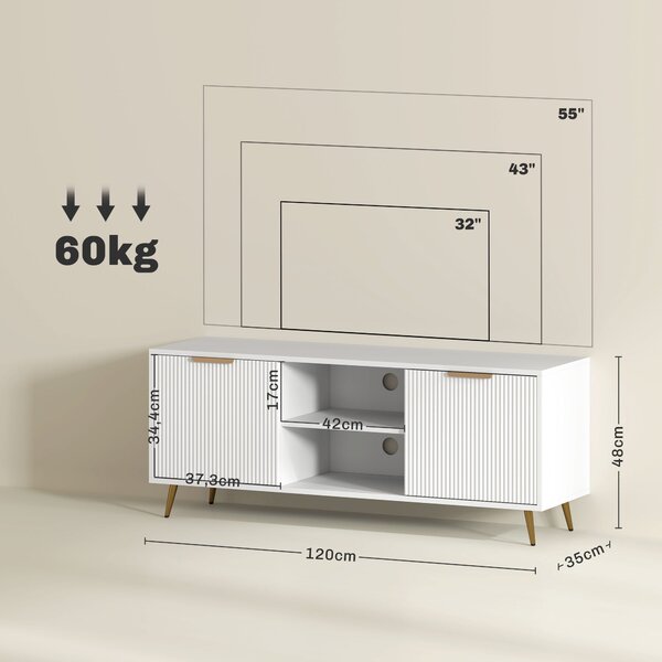 HOMCOM Moderní TV Skříňka TV Stánek s 2 Otevřenými Úložnými Prostory a 2 Dveřmi pro TV do 55 palců 120x35x48 cm Bílá | Aosom