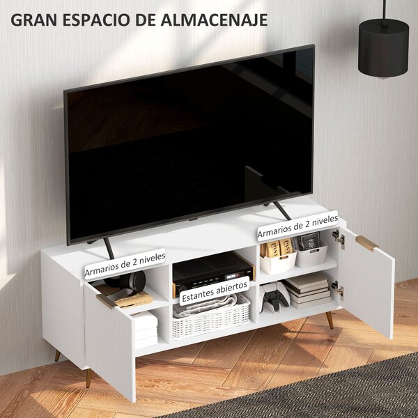 HOMCOM Moderní TV Skříňka TV Stánek s 2 Otevřenými Úložnými Prostory a 2 Dveřmi pro TV do 55 palců 120x35x48 cm Bílá | Aosom