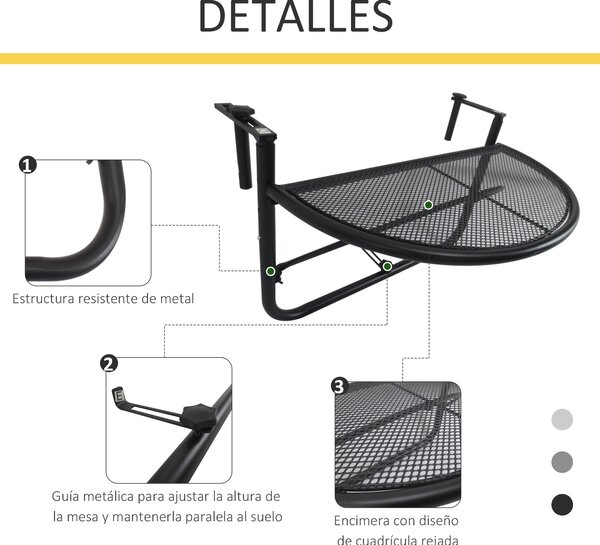 Outsunny Polookrouhlý Zavěšený Stůl na Balkon 60x45x50 cm - Nastavitelný na Výšku, Jednoduchý a Praktický pro Balkonové Zábradlí, Terasu, Patio | Aoso