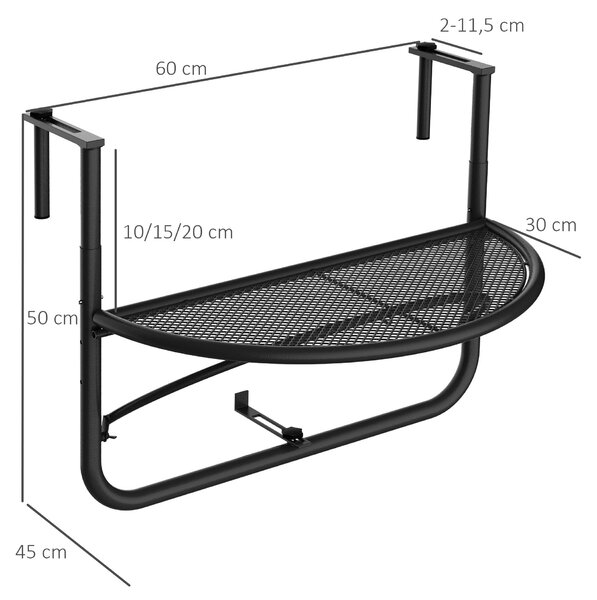 Outsunny Polookrouhlý Zavěšený Stůl na Balkon 60x45x50 cm - Nastavitelný na Výšku, Jednoduchý a Praktický pro Balkonové Zábradlí, Terasu, Patio | Aoso