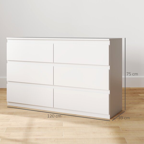 HOMCOM 6-dveřová skříňka se šuplíky, moderní styl s tichým zavíráním pro ložnici a obývací pokoj - 120 x 39 x 75 cm, Bílá | Aosom