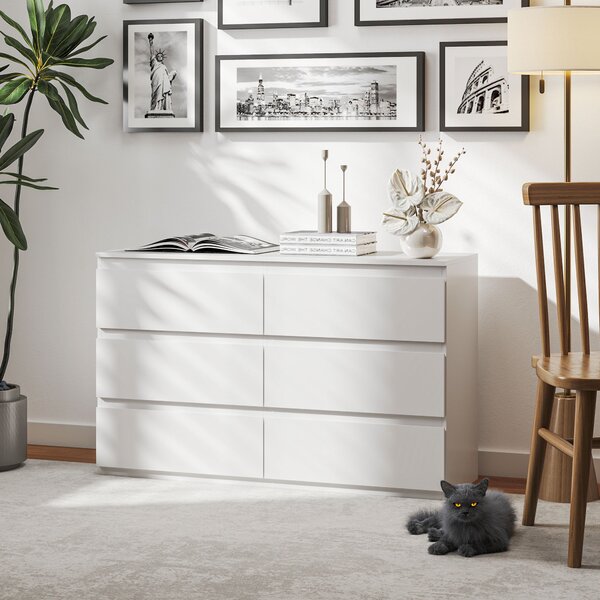 HOMCOM 6-dveřová skříňka se šuplíky, moderní styl s tichým zavíráním pro ložnici a obývací pokoj - 120 x 39 x 75 cm, Bílá | Aosom