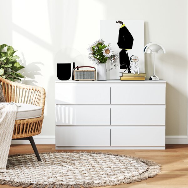 HOMCOM 6-dveřová skříňka se šuplíky, moderní styl s tichým zavíráním pro ložnici a obývací pokoj - 120 x 39 x 75 cm, Bílá | Aosom