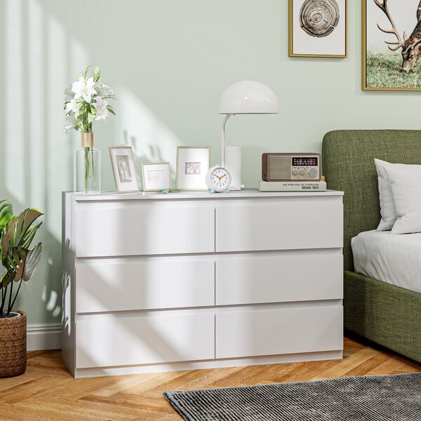 HOMCOM 6-dveřová skříňka se šuplíky, moderní styl s tichým zavíráním pro ložnici a obývací pokoj - 120 x 39 x 75 cm, Bílá | Aosom