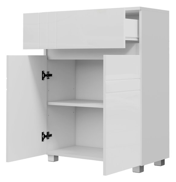 Kleankin volně stojící koupelnová skříňka s 2 dveřmi, 1 šuplíkem, nastavitelnou policí, leskle bílá, 60Š x 30H x 80V cm | Aosom