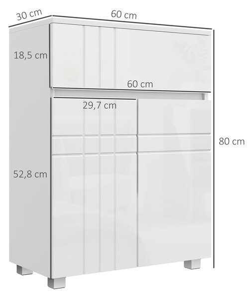 Kleankin volně stojící koupelnová skříňka s 2 dveřmi, 1 šuplíkem, nastavitelnou policí, leskle bílá, 60Š x 30H x 80V cm | Aosom