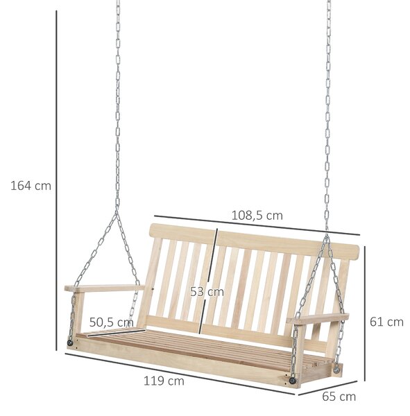 Outsunny Houpací Lavice pro Dva, Dřevěný Sedák a Opěrka, Nosnost až 200 kg, Houpací Lavička na Terasu, Balkon, Přírodní Dřevo | Aosom