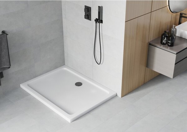 Mexen Flat sprchová vanička obdélníková slim 80 x 70 cm, bílá, černý sifon - 40107080B