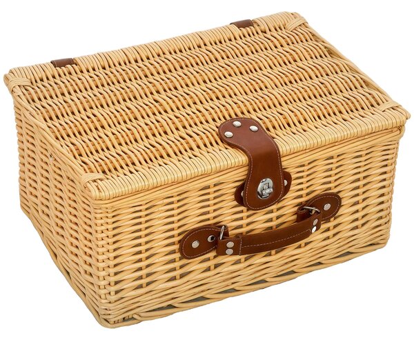 Outsunny Ratanový Piknikový Koš pro 2 Osoby s Rukojetí, Talíři, Skleničkami, Vývrtkou, Ubrousky a Příbory, 40x30x20 cm, Světlá hnědá | Aosom