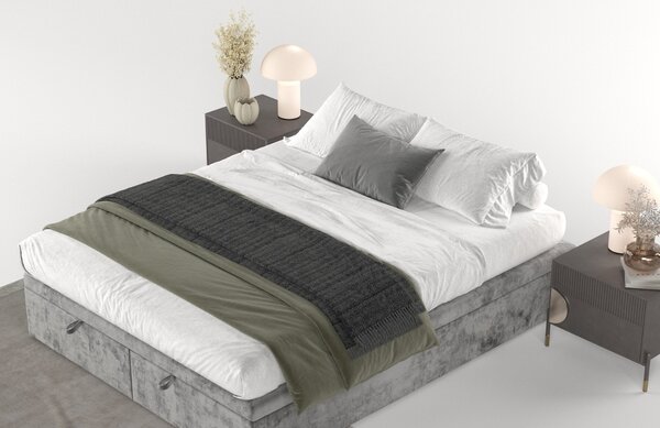 Maison de Rêve Šedá čalouněná dvoulůžková postel HICKORY 140 x 200 cm s úložným prostorem