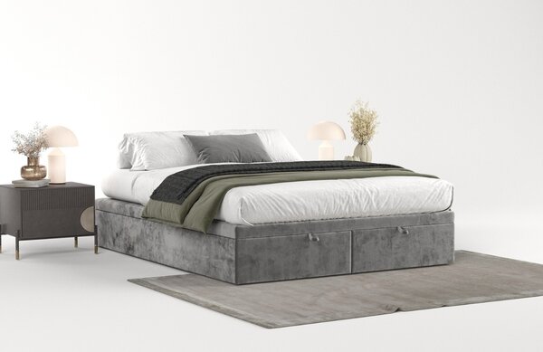 Maison de Rêve Šedá čalouněná dvoulůžková postel HICKORY 140 x 200 cm s úložným prostorem