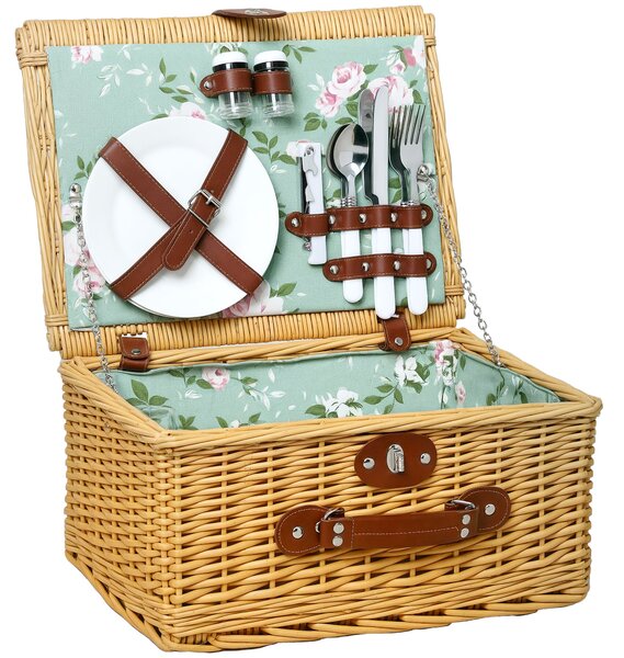 Outsunny Ratanový Piknikový Koš pro 2 Osoby s Rukojetí, Talíři, Skleničkami, Vývrtkou, Ubrousky a Příbory, 40x30x20 cm, Světlá hnědá | Aosom