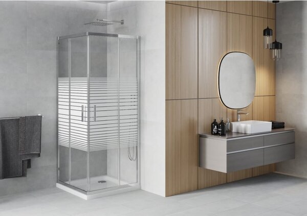 Mexen Rio čtvercový sprchový kout 90 x 90 cm, bílé pruhy, chrom + vanička Flat, bílá - 860-090-090-01-20-4010
