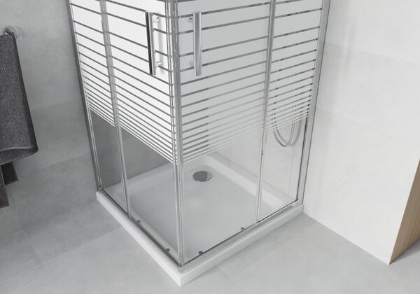 Mexen Rio čtvercový sprchový kout 90 x 90 cm, bílé pruhy, chrom + vanička Flat, bílá - 860-090-090-01-20-4010