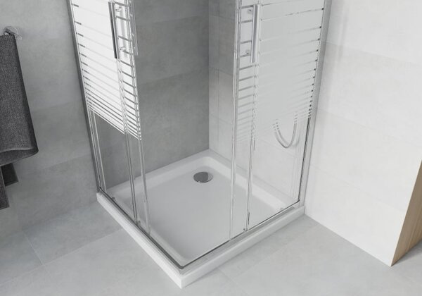 Mexen Rio čtvercový sprchový kout 90 x 90 cm, bílé pruhy, chrom + vanička Flat, bílá - 860-090-090-01-20-4010